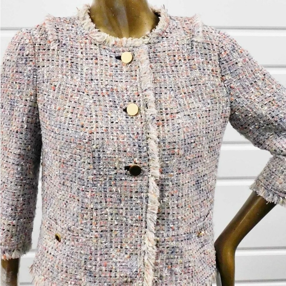 Tory Burch Multicolor Tweed Blazer jacket with Gold Accents frayed